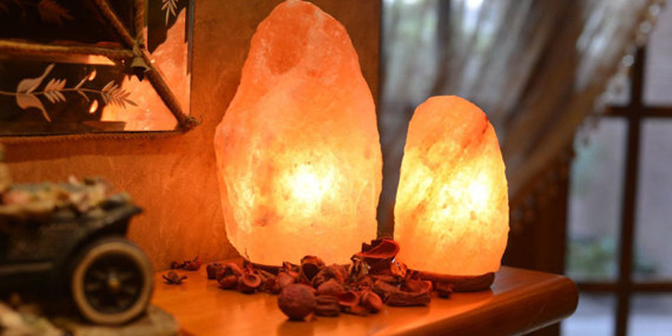 pair of natural himalayan salt lamps with light